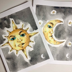 Carte de note aquarelle et marqueur Copic peinte à la main (ensemble de 2, intérieur vierge) | Soleil et lune
