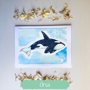 Cartes de correspondance à l'aquarelle et aux marqueurs copic peintes à la main (lot de 4, vierge à l'intérieur) | Baleines
