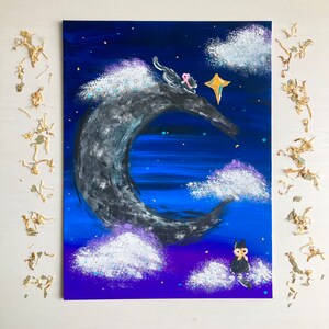 Original Gouache Painting | Ethereal Cats Series | Crescent Moon Cats