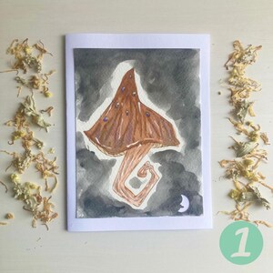Cartes de correspondance à l'aquarelle et aux marqueurs copic peintes à la main (lot de 4, vierge à l'intérieur) | Champignons magiques scintillants