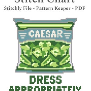 Op de afbeelding: Een digitaal kruissteekpatroon met de tekst "Stitch Chart" en "Caesar" in een pixelontwerp. De afbeelding toont een gepixeleerde Caesar salade en de woorden "Dress Appropriately".