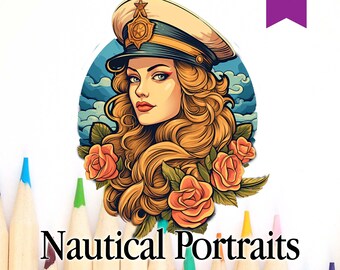 Beautiful Women Nautical Coloring Page | Printable Adult Grayscale Illustration| Nautical | Digital Printable| Coloring Pack No.1