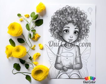 Empowering Black Girl Fairy Grayscale Coloring Page - Printable Art for Women and Girls #41
