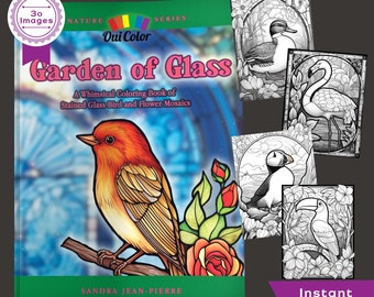 30 Stained Glass Coloring Pages | Bird and Flower Mosaics | Grayscale Coloring Page | Instant Download |Printable PDF