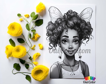 Afrocentric Fairy Grayscale Coloring Page - Black Girl Magic - Printable Art for Women and Girls #4