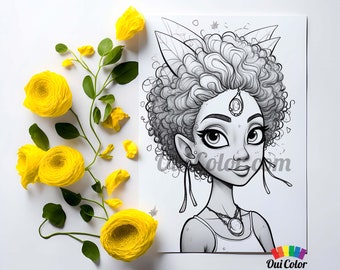Fantasy Fairy Art - Black Girl Grayscale Coloring Page - Printable Art for Women and Girls #32