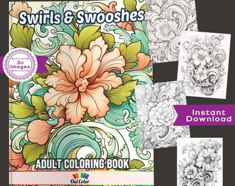 30 Floral Swirls and Swooshes Coloring Pages | Artistic Designs Coloring Book | Adult Coloring | INSTANT DOWNLOAD