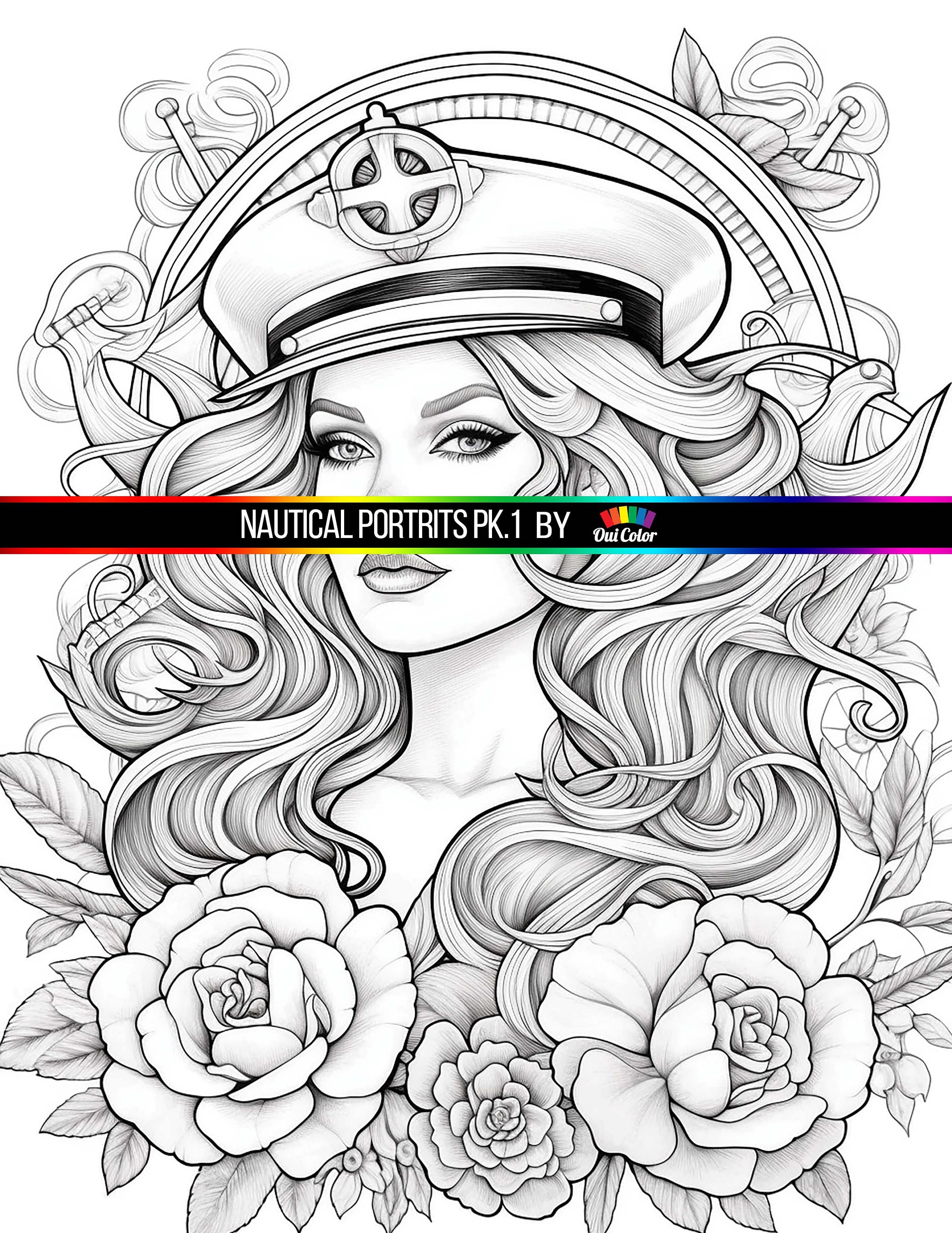 Beautiful Women Nautical Coloring Page | Printable Adult Grayscale ...