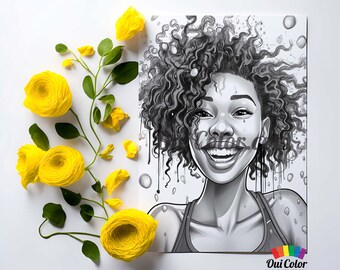 Radiate Black Girl Joy Grayscale Coloring Page - Relaxation and Self-Expression - Printable Art for Women and Girls #13