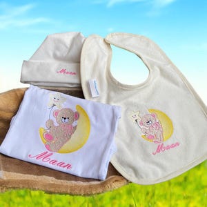 Baby shower gift set girl | Personalized romper girl | Personalized bib | Baby hat with name | Embroidered baby shower gift set