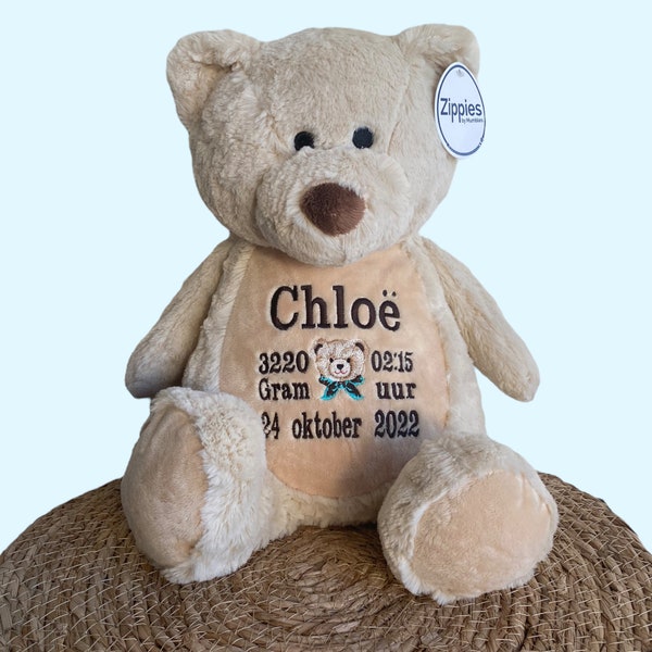 Birth Cuddly Toy Bear with name and Date of Birth, Personalized Cuddly Toy, Embroidered Bear with name, Personalized Baby Shower Gift