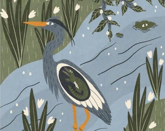 Blue Heron Alligator River Wildlife Print: Ecosystem Nature Illustration Wall Art