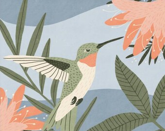 Ruby Throated Hummingbird Print: Bird Flower Wall Art, Pollinator Garden Illustration
