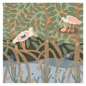 Spatole nelle mangrovie – Stampa artistica sulla fauna selvatica della Florida, Trittico dell'ecosistema, Uccello spatola, Uccello nidificante, Arte vivaistica della Florida