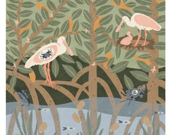 Spoonbill Bird Art Print: Florida Mangrove Ecosystem Triptych
