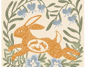 Mother Rabbit with Babies – Whimsical Animal Illustration Print, Nursery Wall Art, Woodland Decor