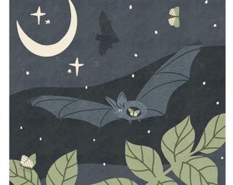 Night Flight – Bat and Moth Nature Art - Flying Bat Animal Print - Nocturnal Nursery Decor