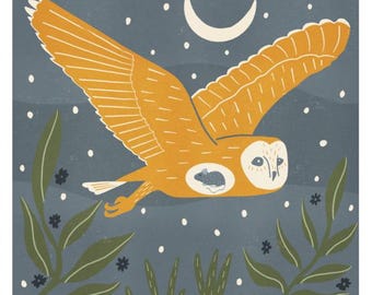 Silent Flight – Barn Owl Wall Art | Flying Owl Animal Print | Whimsical Nocturnal Nursery Decor