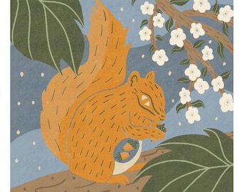 Squirrel and Acorn Art Print: Whimsical Woodland Nursery Decor