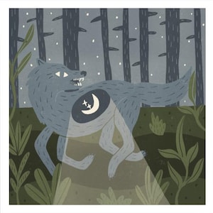 Wolf and Moon Nursery Art Print: Whimsical Woodland Illustration