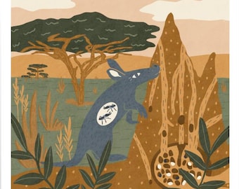Aardvark & Termite Mound Print: Educational African Animal Nursery Art