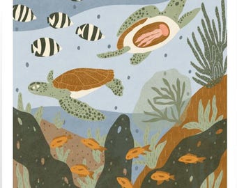 Sea Turtle Art Print: Coral Reef Ocean Life Illustration