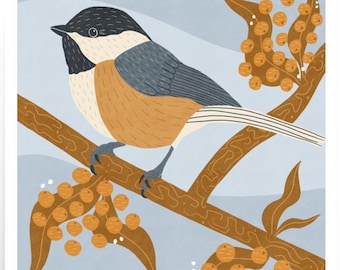 Black-Capped Chickadee Bird Art Print: Songbird with Berries, Nature Wall Art