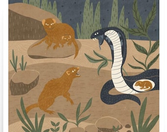 Cobra and Mongoose Art Print: Dark Folk Illustration, Nature Wall Decor