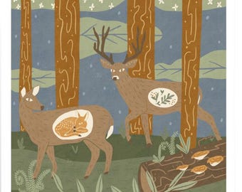 Whimsical Deer Family Art Print: Woodland Nursery Illustration