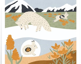 Arctic Fox and Hare Print: Nature Ecosystem Children's Wall Art