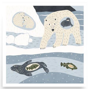 Kunst aan de muur Arctisch poolecosysteem, ijsbeer, gevlekte zee, vis, zoöplankton-natuurwetenschappelijke print, eco-decor, kinderkunst aan de muur