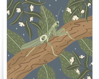 Praying Mantis Art Print: Dark Folk Art Insect Wall Decor