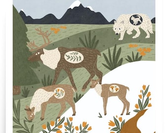 Arctic Animals Ecosystem Print: Wolf & Caribou Nature Art