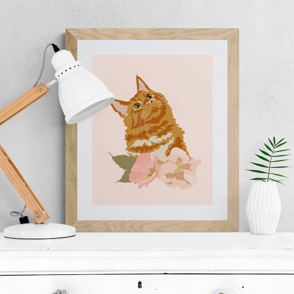 Wall Decor Cat Illustration Wall Art Print Ginger Cat Orange Cat Botanical Flower Wall Art Illustration Orange Tabby Cat Lover Gift Digital