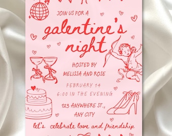 Könnte beinhalten: Rosa Einladungskarte mit rotem Text und Illustrationen. Der Text lautet "Schließen Sie sich uns zu einem Galentine's Night an. Ausgerichtet von Melissa und Rose. 14. Februar. 18:00 Uhr. 123 Anywhere St., Any City. Lasst uns Liebe und Freundschaft feiern."