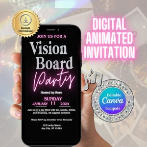 May include: A digital animated invitation for a Vision Board Party, hosted by Rose on Sunday, 11 January 2024. The invitation is designed in Canva and features a pink neon sign with the text "Vision Board Party".