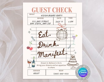 Könnte beinhalten: Eine beige Gästekarte mit dem Schriftzug „Guest Check“ oben. Die Karte enthält den Text „Eat. Drink. Manifest.“ mit Illustrationen von Speisen und Getränken. Das Datum ist der 11. Juli.