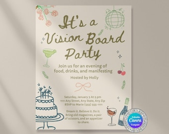 Könnte beinhalten: Eine beige Einladung mit dem Text "It's a Vision Board Party" in einer verspielten Schriftart. Die Einladung enthält Illustrationen eines Cocktails, einer Discokugel, eines Kuchens und Weins mit Veranstaltungsdetails und Anweisungen.