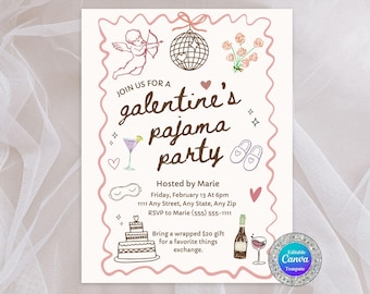 Könnte beinhalten: Eine Einladung zur Galentine's Pyjamaparty mit rosa Rand und Illustrationen. Die Einladung enthält Text, einen Cocktail, einen Kuchen und eine Weinflasche. Der Text lautet "Mach mit bei einer Galentine's Pyjamaparty".