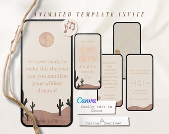Könnte beinhalten: Animierte Vorlagen-Einladung für eine Vision Board Party. Die Vorlage zeigt eine Wüstenlandschaft mit Kakteen und einem Vollmond. Der Text auf der Vorlage lautet "Schließen Sie sich uns für eine Vision Board Party an" und "Sind Sie bereit, dieses Jahr zu dem Jahr zu machen, in dem Sie Ihre wildesten Träume manifestieren?"