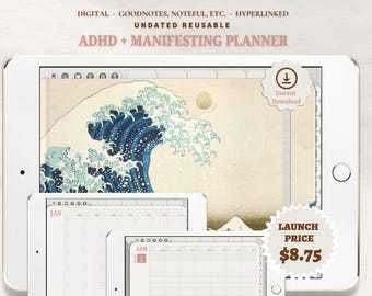 Könnte beinhalten: Ein digitaler ADHD- und Manifestationsplaner auf einem weißen Tablet. Der Planer zeigt ein japanisches Wellenkunstdesign. Der Text auf dem Bildschirm lautet "ADHD + MANIFESTING PLANNER", "DIGITAL", "UNDATED REUSABLE" und "Instant Download".