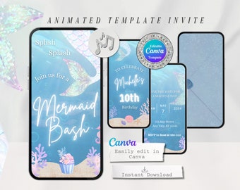 Könnte beinhalten: Animierte digitale Einladungsvorlage für eine Party zum Thema Meerjungfrau. Die Vorlage zeigt einen Meerjungfrauen-Schwanz, einen Cupcake und den Text "Splish Splash Join us for a Mermaid Bash".
