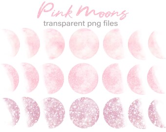Könnte beinhalten: Set mit 12 rosa Aquarell-Mondphasen mit Glitzerakzenten. Die Monde befinden sich in verschiedenen Füllstadien, von einer Sichel bis zum Vollmond. Die Monde befinden sich auf einem weißen Hintergrund.