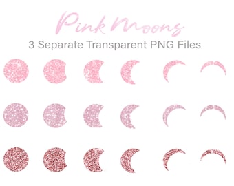 Könnte beinhalten: Set mit 12 rosa Glitzermond-Clipart-Bildern. Die Monde befinden sich in verschiedenen Phasen, darunter Vollmond, Halbmond und Sichelmond. Die Bilder sind perfekt, um Ihren digitalen Projekten einen Hauch von Glanz zu verleihen.