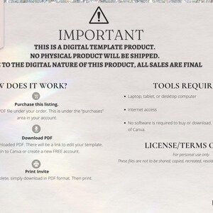 May include: A digital template product for creating invitations. The image shows a step-by-step guide on how to purchase, download, edit, and print the template. The text on the image reads "IMPORTANT: This is a digital template product. No physical product will be shipped. Due to the digital nature of this product, all sales are final."