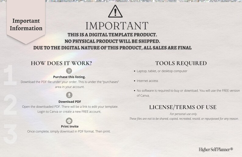 May include: A digital template product for creating invitations. The image shows a step-by-step guide on how to purchase, download, edit, and print the template. The text on the image reads "IMPORTANT: This is a digital template product. No physical product will be shipped. Due to the digital nature of this product, all sales are final."