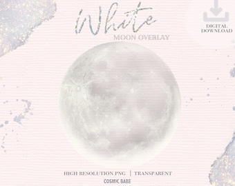 Könnte beinhalten: Eine weiße Mond-Overlay-Grafik mit glitzerndem, strukturiertem Hintergrund. Der Text "White Moon Overlay" ist in silberner Schrift geschrieben.