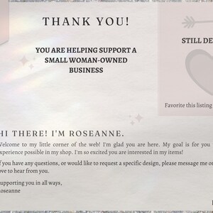 May include: Thank you for supporting a small woman-owned business. A message from the owner, Roseanne, welcomes you to her shop and encourages you to contact her with any questions. The text "Still Deciding?" is displayed with an arrow pointing to the right, suggesting that you can favourite the listing and come back later.