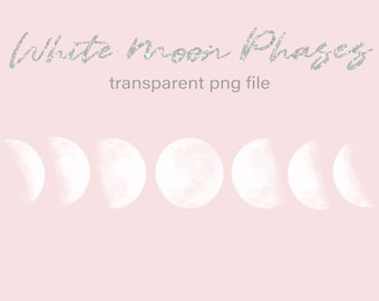 Könnte beinhalten: Weiße Mondphasen in verschiedenen Stadien, von Neumond bis Vollmond, auf rosa Hintergrund. Der Text "White Moon Phases" und "transparent png file" ist in silbernen Glitzer geschrieben.