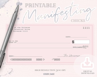 Könnte beinhalten: Druckbarer rosa und weißer Scheck mit dem Text "Manifesting Checks" und "The Universe" in Schwarz. Der Scheck hat Platz für Datum, Betrag, Zahlungsempfänger und Notiz. Der Scheck hat 300 DPI und ist ein digitaler Download.